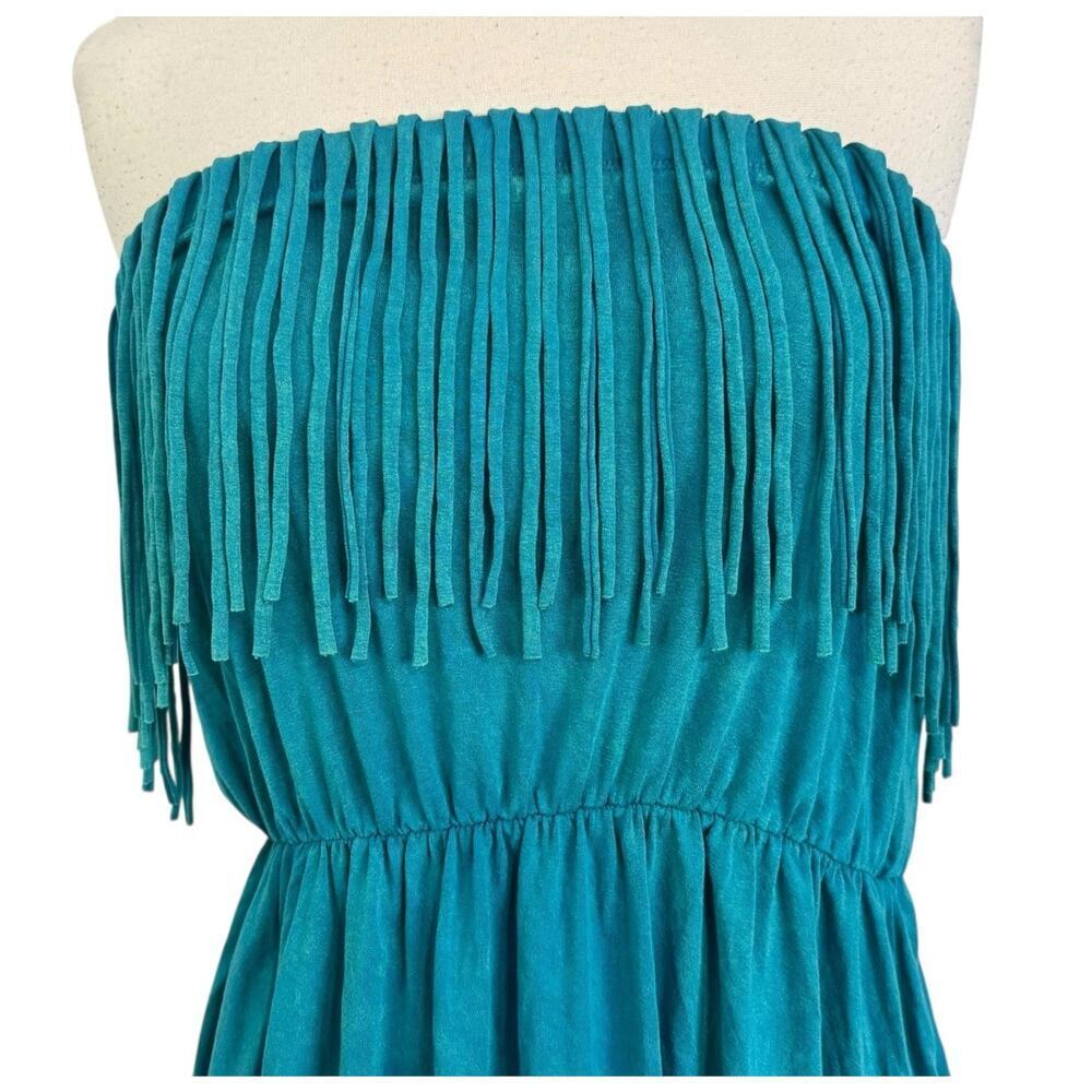 VTG T PARTY 90s Y2K Indie Turquoise Fringe Mini Strapless Dress Boho Festival L - Picture 4 of 11